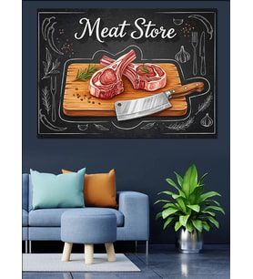 Et Tahtasında Pirzola Çizimli "Meat Store"Kasap Afişi Dekoratif Kanvas - Mdf Ahşap Tablo