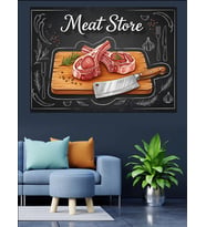 Et Tahtasında Pirzola Çizimli "Meat Store"Kasap Afişi Dekoratif Kanvas - Mdf Ahşap Tablo