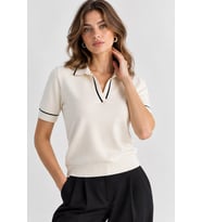 Kadın Yumuşak Kaşmir Dokulu Kısa Kollu Polo Yaka Triko Bluz - Ekru-Siyah
