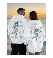 Sevgili Çift Kombin Ejderha Desenli Baskılı Renk Kapüşonlu Sweatshirt 2li Set Takım 3 İplik Pamuk (Beyaz)