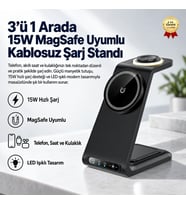 3'ü 1 Arada 15W MagSafe Uyumlu Kablosuz Şarj Standı – Telefon, Akıllı Saat ve Kulaklık Şarj İstasyonu