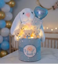 Kişiye Özel Balonlu Peluş Tavşanlı Led Işıklı 5'li Ayıcık Buketi  Baby Shower Erkek Bebek Hediyesi (Mavi)
