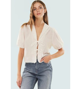 Dokuma Crinkle Bluz V Yaka Önü Bağlamalı Yazlık Modern Stil Dayanıklı Malzeme