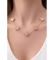 Gold Renk Yonca Desenli Taşlı Çelik Kolye (Açık Pembe)