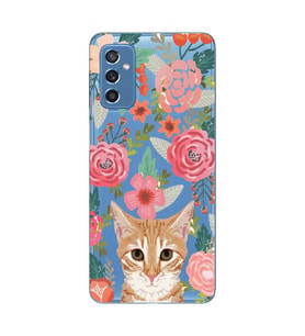 Samsung Galaxy M52 Uyumlu Kedi ve Çiçek Desenli Şeffaf Telefon Kılıfı