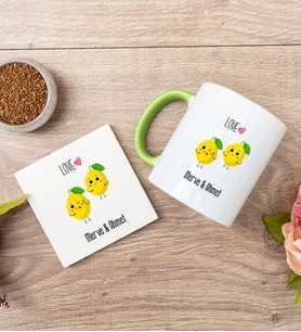 Kişiye Özel Sevimli Limonlar Yeşil Kupa ve Bardak Altlığı