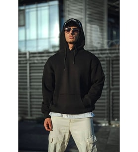 Üç İplik Penye Kapşonlu Basic SweatShirt - Siyah