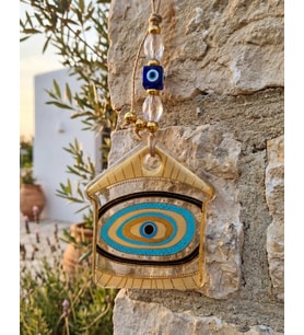 El Yapımı Hediyelik Cam Nazar Boncuğu, Yaldızlı, İpli, Şeffaf 10 cm Duvar Süsü (Sarı Geçişli)