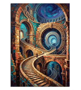 Spiral Merdivenli Fantastik Tapınak Dekoratif Kanvas - Mdf Ahşap Tablo