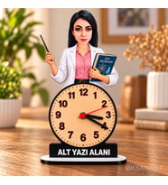Fotoğraftan Tasarlanan Kadın Öğretmen Karikatürlü 18 cm MDF Dikey Masa Saati - Öğretmen Hediyesi Öğretmenler Günü Hediyesi