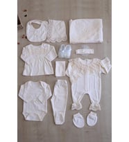Kız Bebek Bej Natıral Pamuk Kumaş Dantelli Lüks 10 Lu Hastane Çıkışı Set STL6407