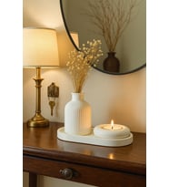 Seramik Vazo, Tealight Mumluk ve Dekoratif Tepsi Seti - Beyaz Minimal Tasarım