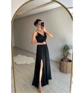 Neşeli butik kadın ışıltılı askılı yırtmaç detayı şifon abiye elbise NM002 (Siyah)