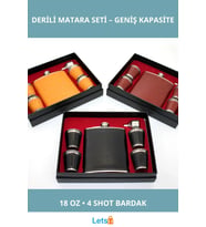 Şık Paslanmaz Çelik Derili 4 Shot Bardaklı Matara 18 oz