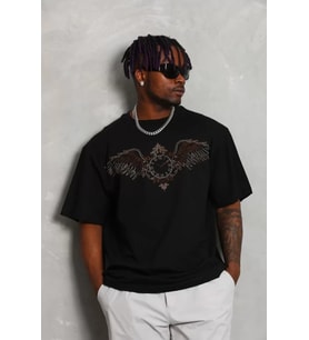 Unisex Oversize Taşlı Bisiklet Yaka T-Shirt - Siyah