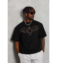Unisex Oversize Taşlı Bisiklet Yaka T-Shirt - Siyah