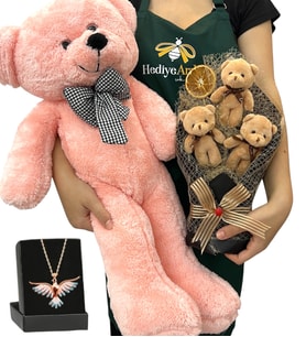 Premium Hediye Seti - Renkli Anka Kuşu Kolyeli, 3'lü Ayıcık Buketli ve Pembe Peluş Ayıcıklı Set (Model 1)
