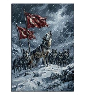 Türk Bayraklı Kurt Sürüsü Karda Dekoratif Kanvas - Mdf Ahşap Tablo