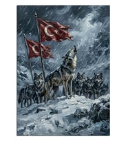 Türk Bayraklı Kurt Sürüsü Karda Dekoratif Kanvas - Mdf Ahşap Tablo