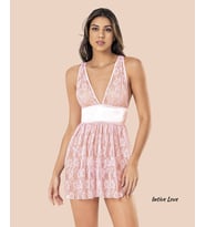 Moongirl Derin V Dekolteli Tamamı Dantel Arkası Açık Çekici Gecelik/Babydoll (Saks, Pembe) (Pudra)