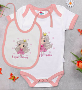 BK Kids Küçük Prenses Tasarımlı Pembe Bebek Body Zıbın ve Mama Önlüğü Hediye Seti-1