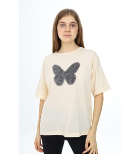 Kız Çocuk Kelebek Baskılı T-Shirt 9-14 Yaş Px037 ANGELOS GIRLS (Ekru)