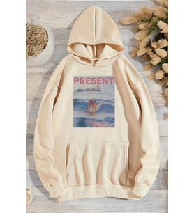 Present Baskılı Oversize Sweatshirt (Bej)