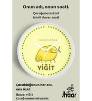 İsme Özel Sevimli Limon Bukalemun Çocuk Odası Duvar Saati Orta Boy 30 cm Beyaz Camlı Sessiz