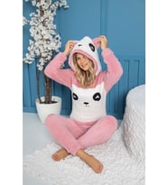 Panda Model Kapüşonlu Polar Kadın Pijama Takımı (Pembe)
