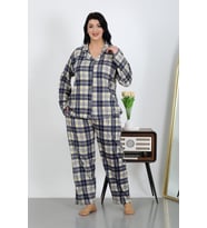 Akbeniz Kadın Büyük Beden Pamuklu Cepli Düğmeli Lacivert Pijama Takım 202504