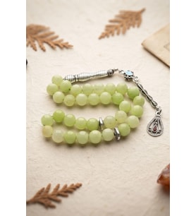 Doğal Jade Yeşim Taşlı 33'lük Tesbih Metal Püsküllü 8mm Küre Kesim 902849