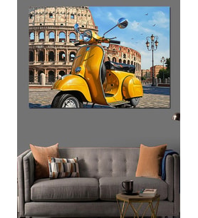 Sarı Vespa Scooter Parkta Dekoratif Kanvas - Mdf Ahşap Tablo