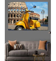 Sarı Vespa Scooter Parkta Dekoratif Kanvas - Mdf Ahşap Tablo
