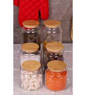Zone - 6'lı Cam Saklama Kabı 600ml-800ml-1300ml Vakumlu Bambu Kapaklı