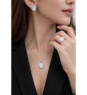 925 Ayar Gümüş Oval Taşlı Set  Kolye Küpe Yüzük Takım  Şık & Zarif Kadın Takı
