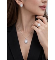 925 Ayar Gümüş Oval Taşlı Set  Kolye Küpe Yüzük Takım  Şık & Zarif Kadın Takı