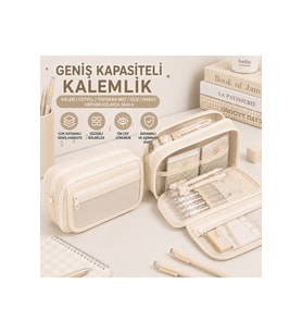 Çok Bölmeli Geniş Kapasiteli Basic Kalemlik Kalem Kutu -Bej