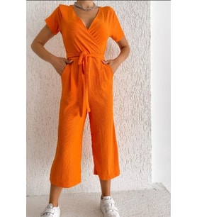 Kadın Kruvaze Yaka Bağlamalı Tulum (NEON ORANJ)