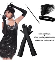 1920&amp;#39;ler Gatsby Aksesuar Seti – Siyah Charleston Bandı, Uzun Eldiven &amp; Sigaralık