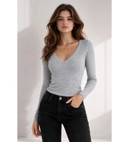 Rivenia Gri Kadın Fitilli Kaşkorse V Yaka Uzun Kollu Body Bluz - Slim Fit