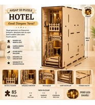 Hotel Book Nook Ahşap Maket Seti – DIY Miniatür Otel Binası Peri LED'li Kitaplık Dekoru
