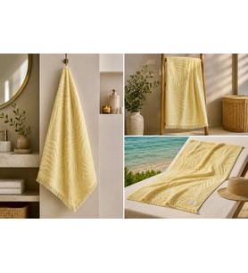 Ege Esintisi Yaprak Jakarlı Plaj & Banyo Havlusu - Limon Çiçeği %100 Pamuk
