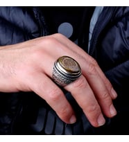 Kehribar Taşlı İnşirah Suresi Yazılı Gümüş Erkek Yüzük