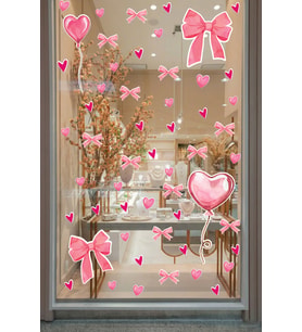 Pembe Kalp Balon Romantik Sticker Seti - Cam Mağaza Vitrin Duvar Süsleme Seti