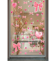 Pembe Kalp Balon Romantik Sticker Seti - Cam Mağaza Vitrin Duvar Süsleme Seti