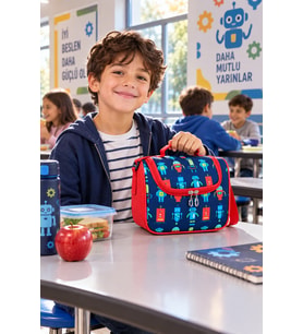 Robot Termal Isı Yalıtımlı Beslenme Çantası Çocuk Okul Yemek Çantası Mavi Kırmızı 24x22x14 cm