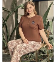 Modalove Kadın Battal Bambu Viskon Kumaş Kısa Kol Pijama Takımı (Kahverengi)