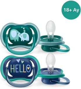 Avent Ultra Air Emzik, 18 Ay+, Erkek Bebekler için, 2'li Paket, Ortodontik Silikon, Geniş Hava Delikli, Mikrodalga Sterilize Edilebilir, BPA İçermez, SCF349/18