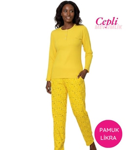 Guava Kadın Sarı Çiçek Desen Mevsimlik Pamuklu Penye Uzun Kol Cepli Pijama Takımı-Slim Fit Dar Kalıp
