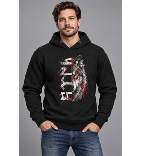 Kırmızı Beyaz Göktürk Kurt Baskılı Siyah Kapüşonlu Cepsiz Sweatshirt